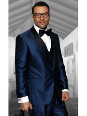 Mens Indigo ~ Bright Blue Shawl Lapel 1 Button Modern Fit Vested Tuxedo