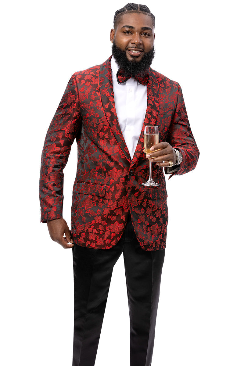 Men's One Button Shawl Lapel Tuxedo Jacket in Red & Black Floral Paisley - Image 2