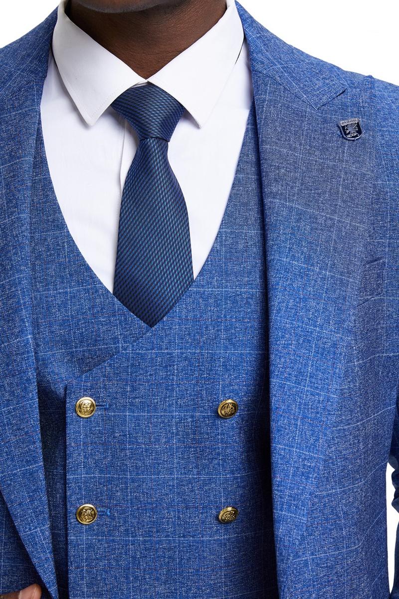 Men's Stacy Adam's One Button Vested Peak Lapel Business Suit in Navy Blue Plaid