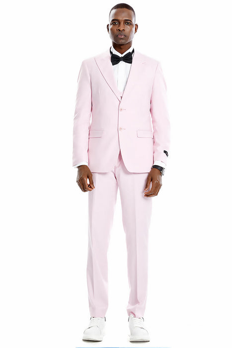 Graduation Suit - Men's Two Button Vested Peak Lapel Pastel Wedding & Prom Suit in Pink