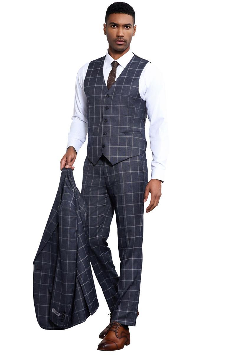Men's Stacy Adams Classic One Button Vested Windowpane Suit in Charcoal Grey - Image 5