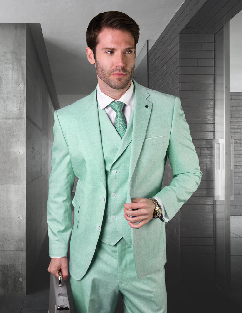 Mens Ticket Pocket Peak Lapel Double Breasted Vest 100% Wool Tom Ford Style Modern Fit in Color Mint By Statement