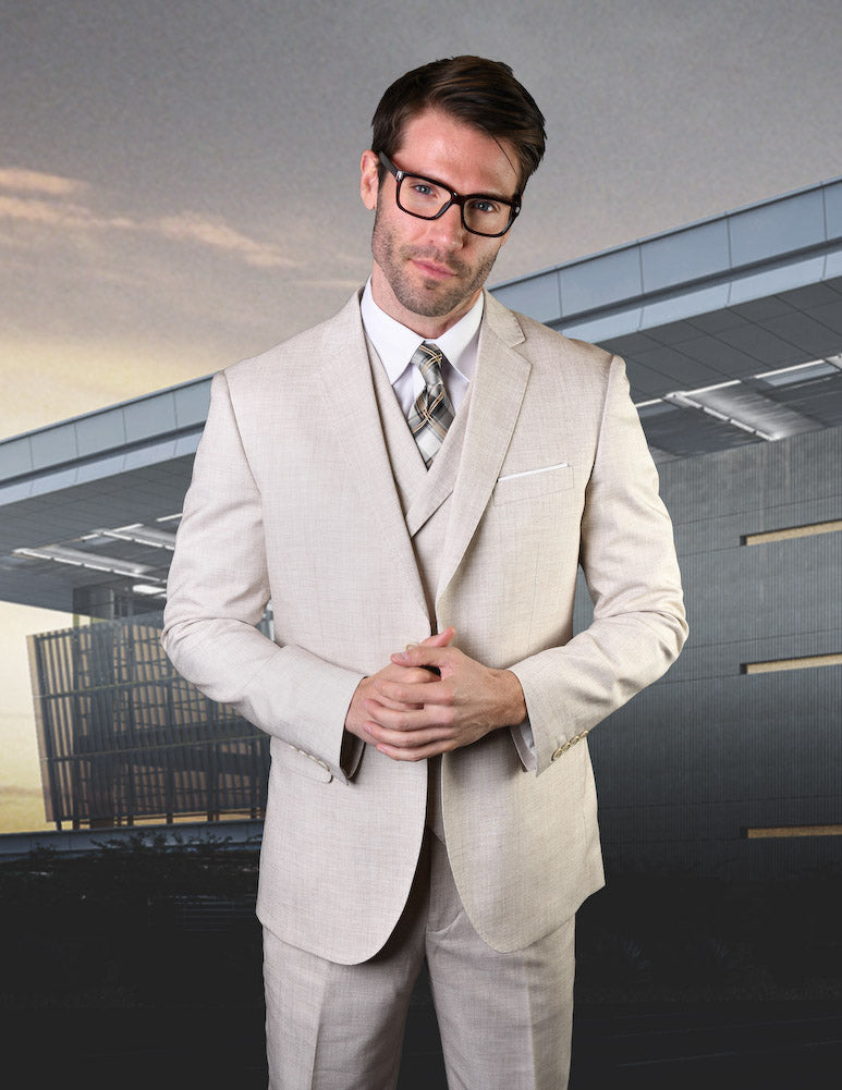 Mens Ticket Pocket Peak Lapel Double Breasted Vest 100% Wool Tom Ford Style Modern Fit in Color Tan By Statement