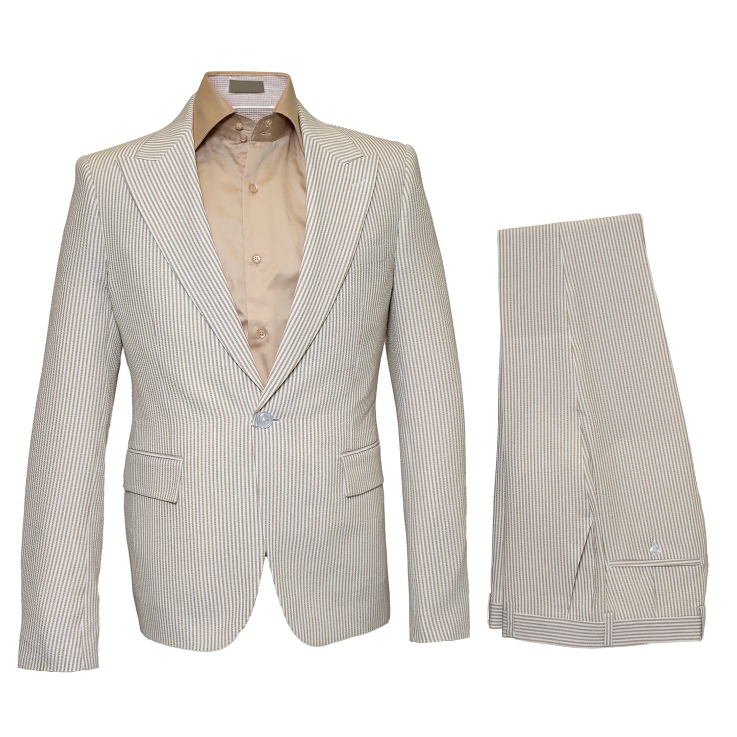 Seersucker Suit Peak Lapel Suit in Color "Beige" - Summer Fabric Tone on Tone Shadow Stripe By Rossiman Modern Fit