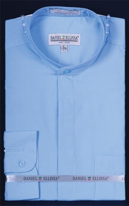 Banded Preacher Round Style Mandarin Collarless Light Blue Oriental Mao Chines Style Men's Dress Shirts