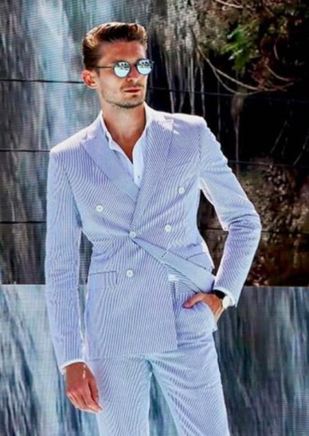 Light Blue Summer Suit - Double Breasted Style Seersucker Suit