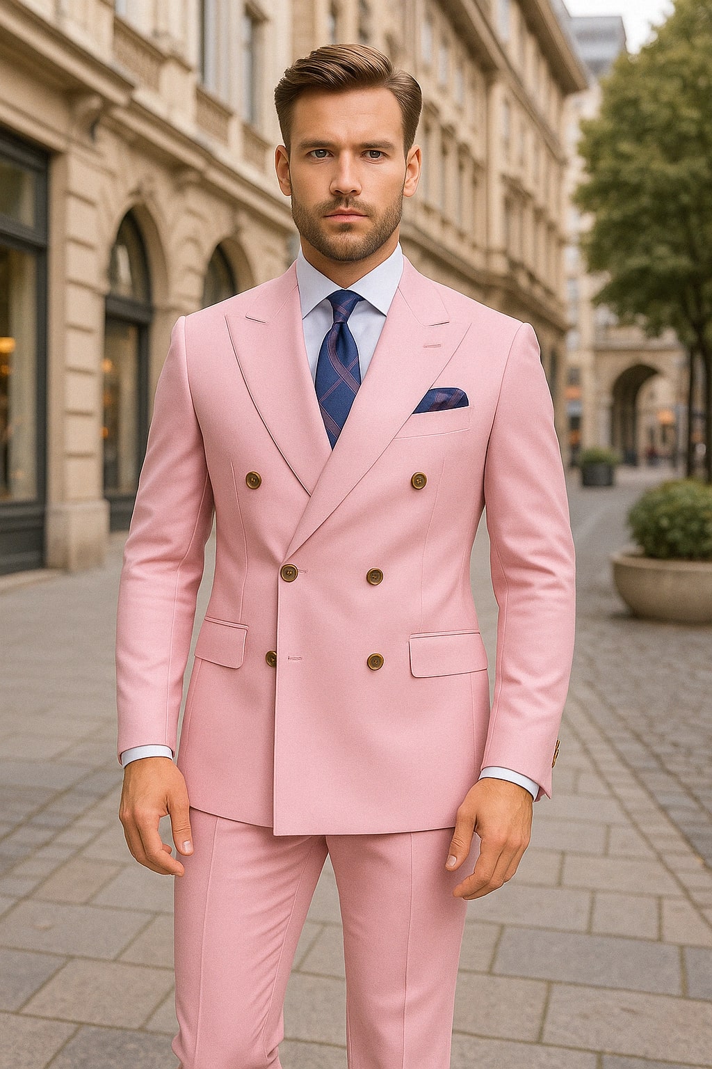 Mens Light Pink Double-Breasted Suit with Gold Buttons – 2-Piece Slim Fit Set - Image 4