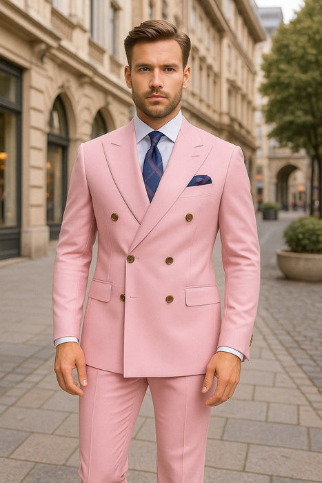 Mens Light Pink Double-Breasted Suit with Gold Buttons – 2-Piece Slim Fit Set