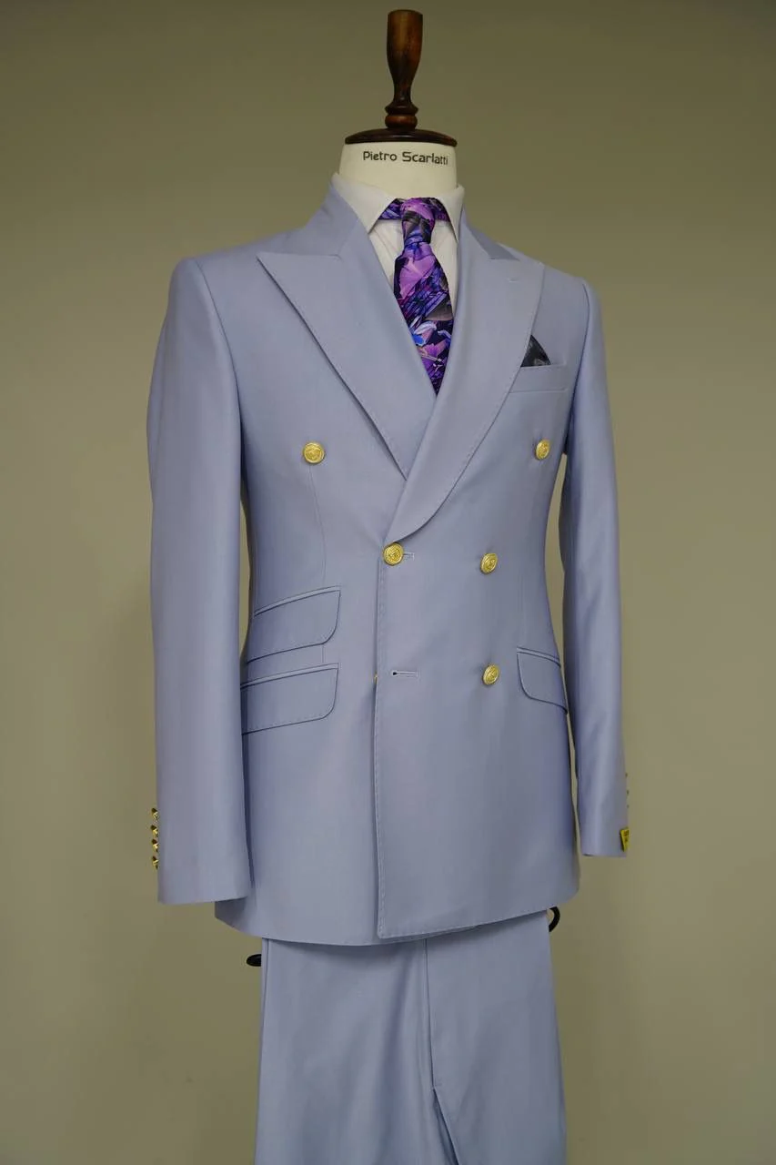 Mens Light Blue Double-Breasted Suits with Gold Button – Slim Fit 2-Piece Formal Set in Sky Blue Color - Image 4