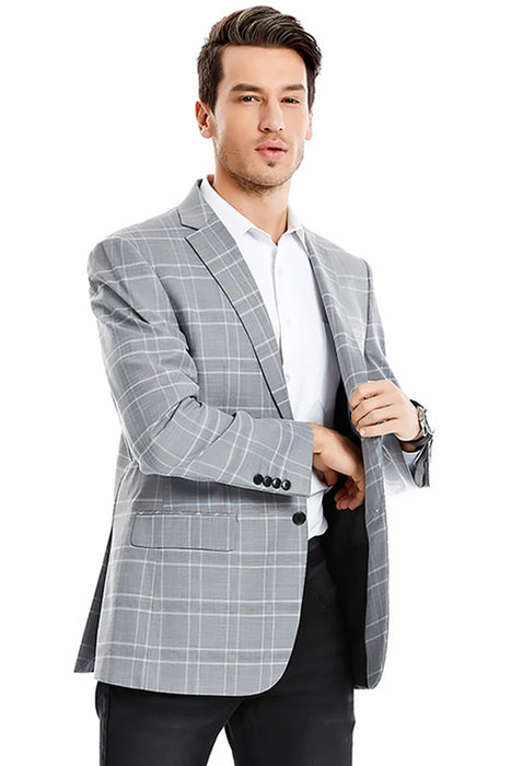 Saco vaquero - Western Sport Coat - Western Blazer - Men's Two Button Regular Fit Light Grey Double Windowpane Plaid Blazer