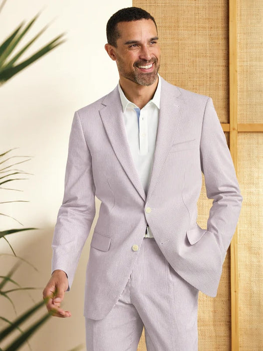 Mens Lavender Seersucker Suit Blazer + Pants Cotton Fabric - Summer Fabric in Purple color