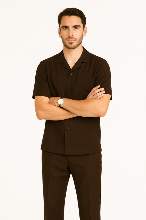 Mens Walking Suits Casual Two Piece Sets Summer Short Sleeve Shirt & Pants Casual Two Piece Mens Walking Outfit For Sale Pant Sets Casual Suit Set Men'S Suit 100% Mens Linen Suit - Fabric – Brown