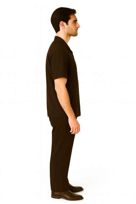 Casual Two Piece Mens Walking Outfit For Sale Pant Sets Suits Casual Two Piece Sets Mens Chest Pocket Solid Brown Mens Linen Suit - Short Set Short Sleeve Shirt + Pants