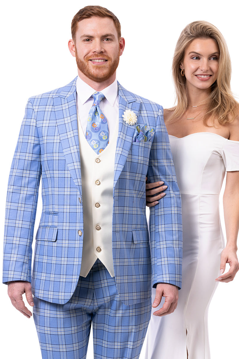 Men's Modern Fit Peak Lapel Contrasting Vest Suit in Light Blue Windowpane Plaid - Image 2