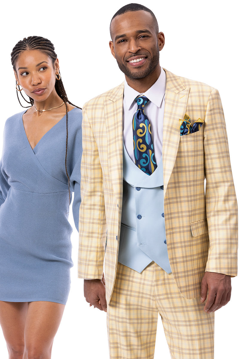 Men's Two Button Peak Lapel Suit in Tan Windowpane Plaid with Blue Double Breasted Vest