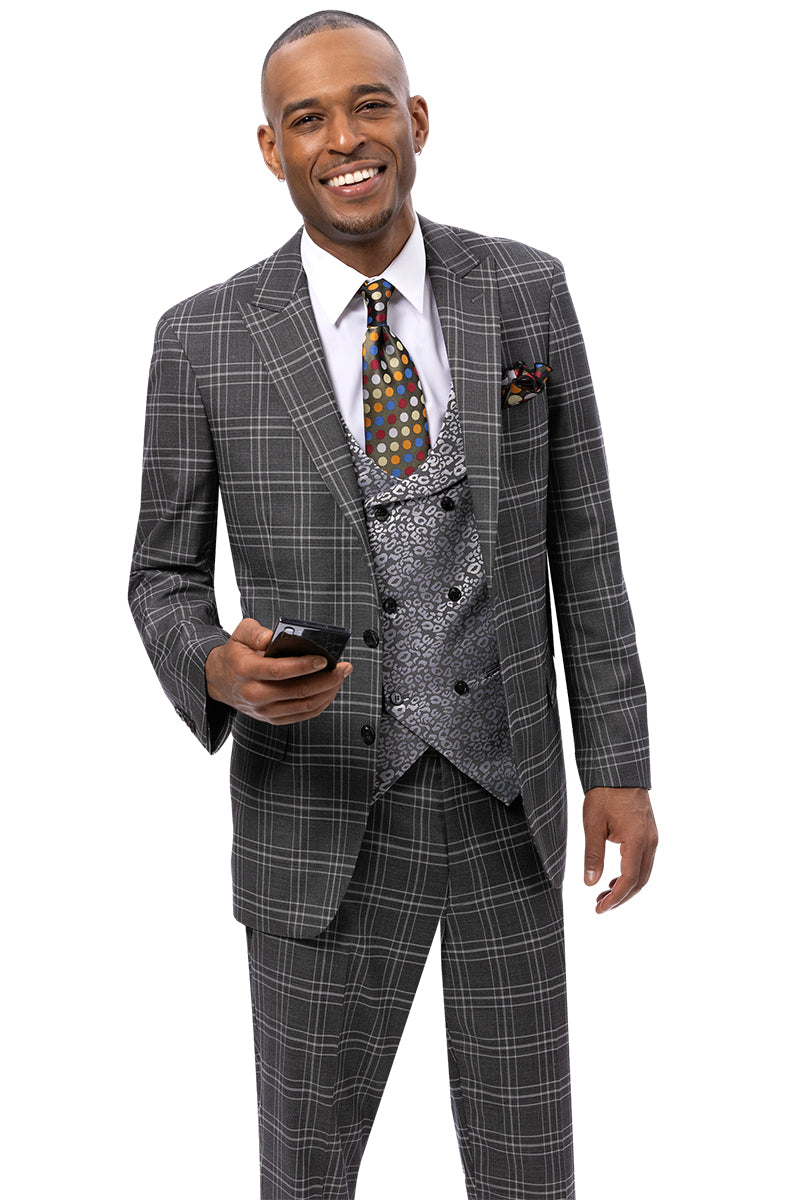 Men's Modern Fit Windowpane Plaid Suit with Paisley Double Breasted Vest in Charcoal Grey - Image 2