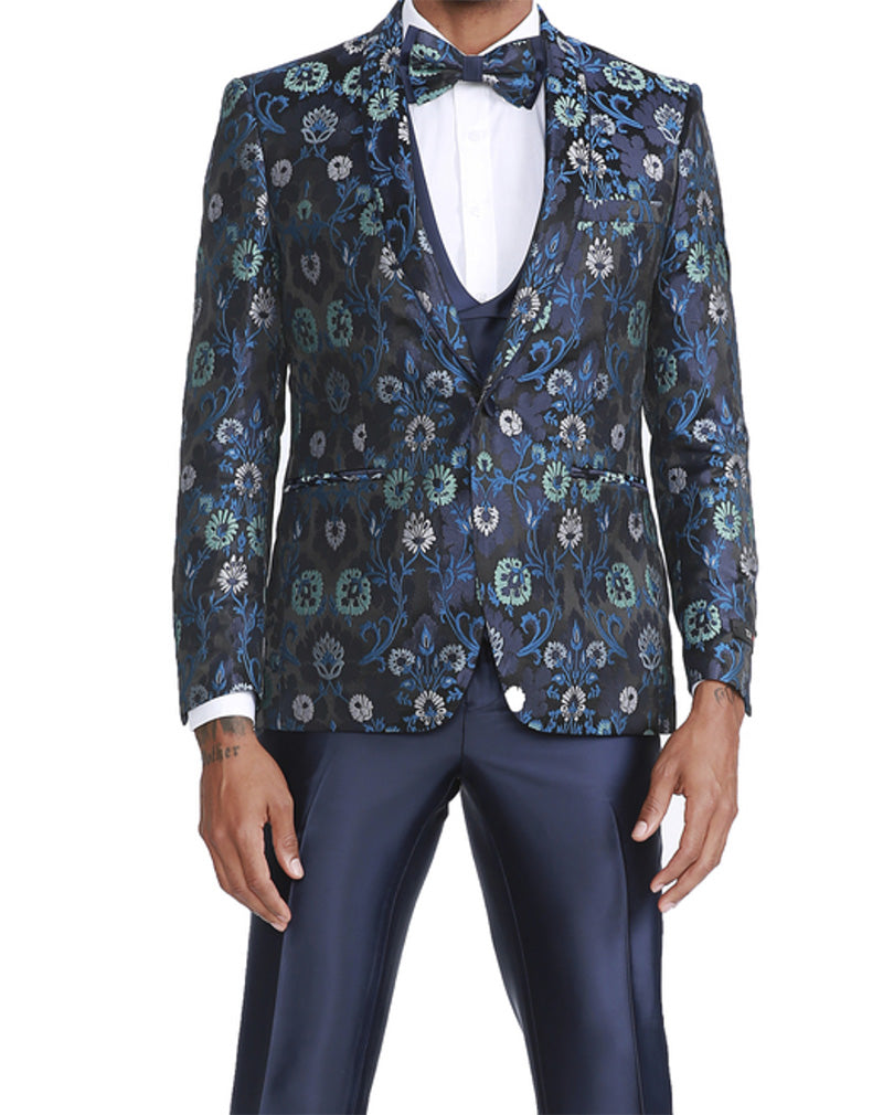 (40R, 44R) Navy Slim Fit Tuxedo 4 Piece Floral Pattern with Bow Tie