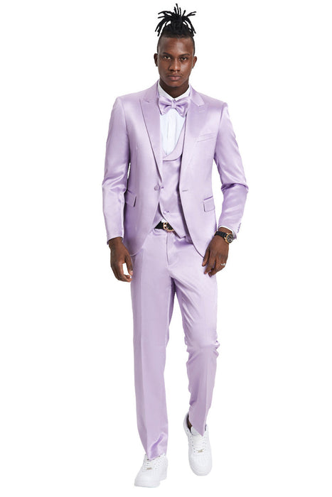 Graduation Suit - Men's One Button Vested Shiny Satin Sharkskin Prom & Wedding Party Suit in Lavender