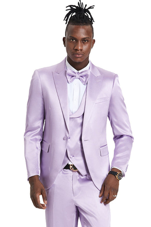 Graduation Suit - Men's One Button Vested Shiny Satin Sharkskin Prom & Wedding Party Suit in Lavender