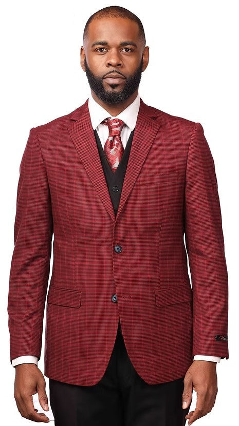 Vitali Burgundy Windowpane Vested Modern Fit Suit M5709