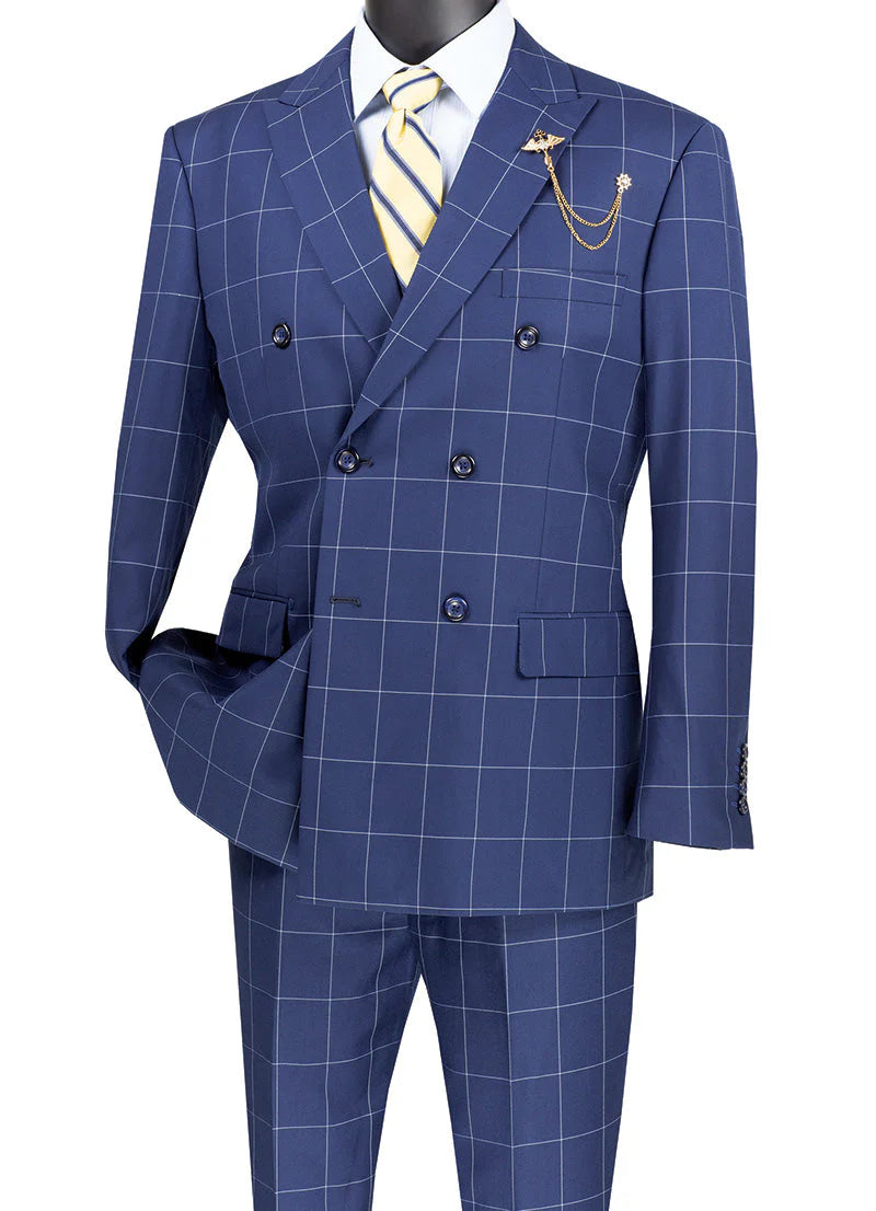Naples Collection - Blue Double Breasted Windowpane Peak Lapel 2 Piece Suit Modern Fit