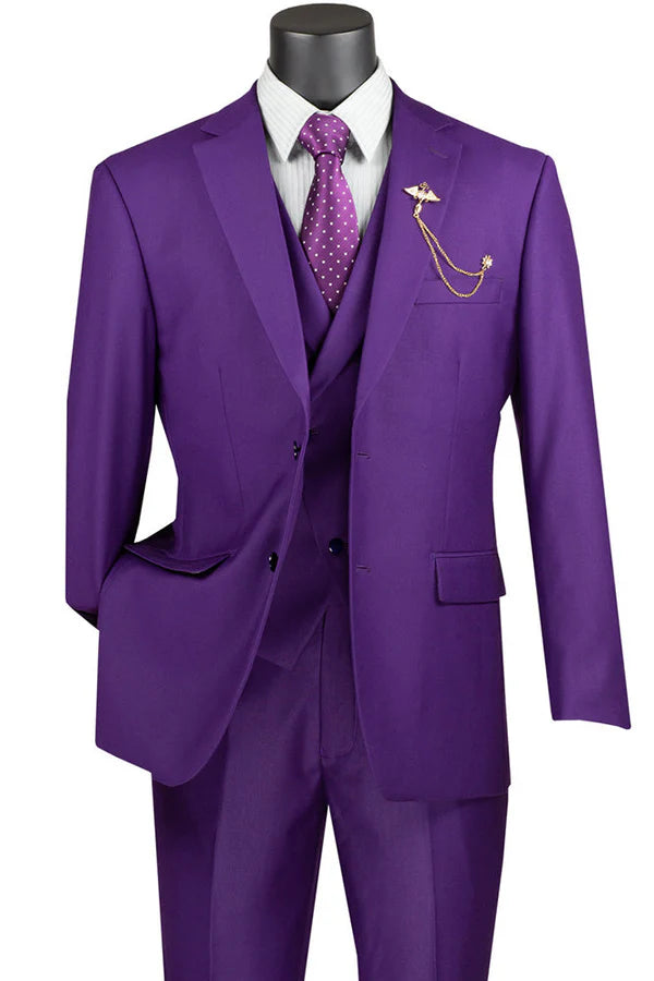 Purple 3 Piece Suit with Vest and Elastic Waist Band Pants Modern Fit