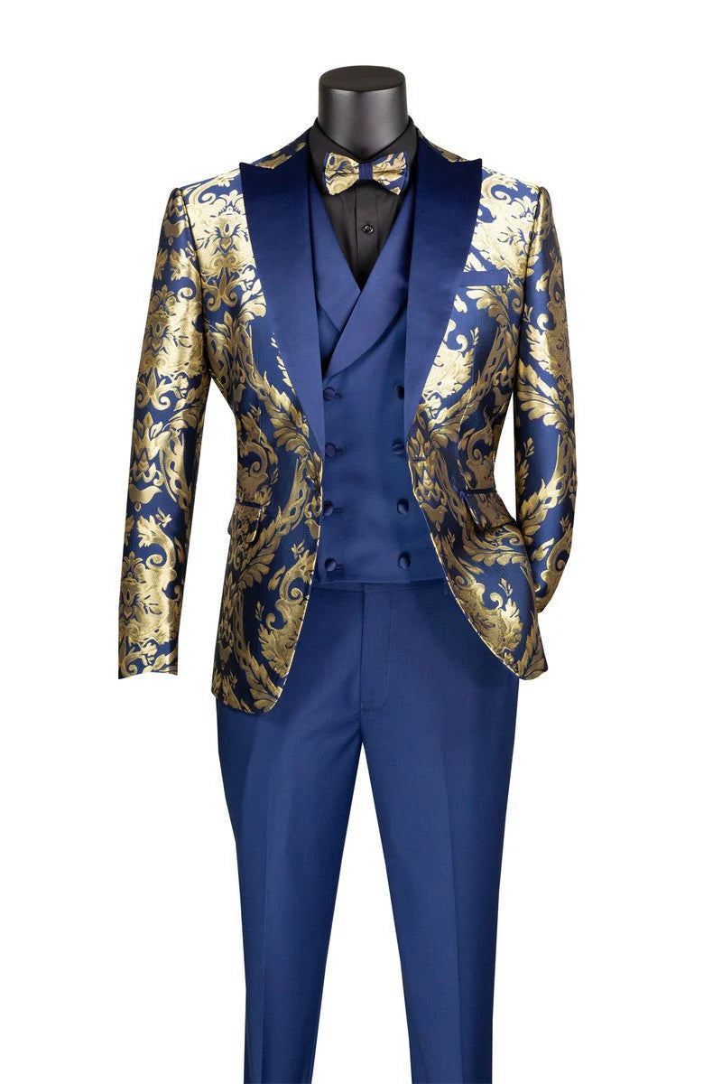 Navy Gold 3 Piece Suit with Matching Bow Tie Modern Fit