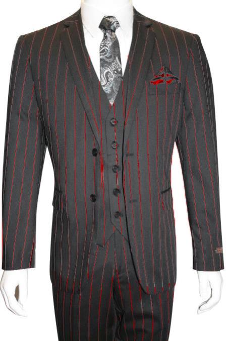 Male Black And Red Pinstripe Chalk Custom Looking Pimp Mobster 1930 Two Buttons Vested 3 Pieces