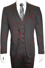 Male Black And Red Pinstripe Chalk Custom Looking Pimp Mobster 1930 Two Buttons Vested 3 Pieces