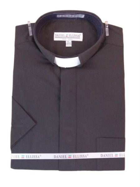 Men's Mandarin Banded Collar Pastor Preacher Minister Preacher Round Style Short Sleeves Black collarless Shirt