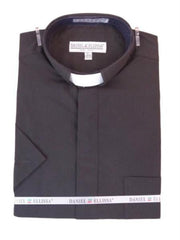 Men's Mandarin Banded Collar Pastor Preacher Minister Preacher Round Style Short Sleeves Black collarless Shirt