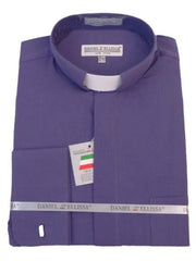 Men's Mandarin Banded Collar Preacher Round Style French Cuff Pastor Preacher Long Sleeve Purple collarless Shirt
