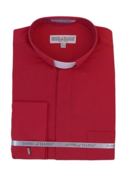 Men's Mandarin Banded Collar Preacher Round Style French Cuff Pastor Preacher Long Sleeve Red collarless Shirts