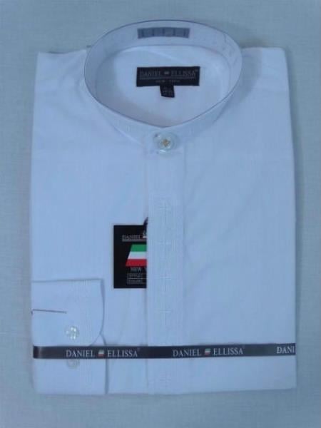 Men's Mandarin Banded Collar Pastor Preacher Preacher Round Style Long Sleeves White/White collarless Shirt