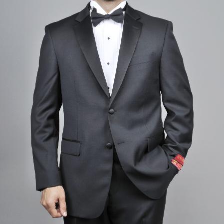 Mantoni Suit - Signature Menswear Wool Fabric SuitsOutlet - Brand Men's 2-button Black Tuxedo - High End Suits - High Quality Suits