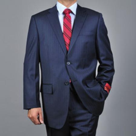 Mantoni Suit - Signature Menswear Wool Fabric SuitsOutlet - Brand Men's Pinstripe Dark Navy Blue Suit For Men 2-button Suit - High End Suits - High Quality Suits