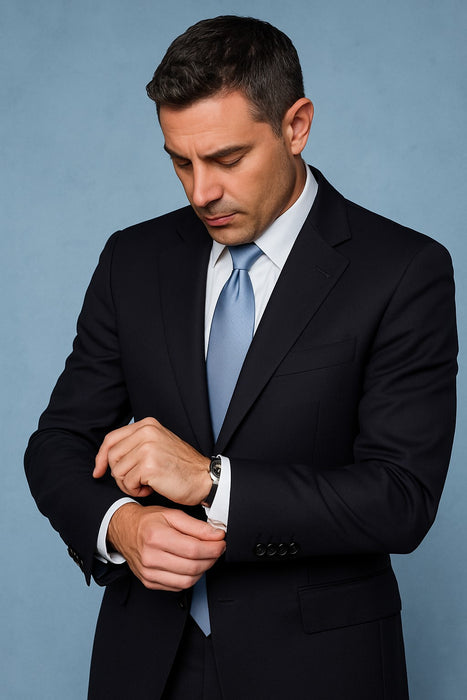 Mantoni Suit - Signature Menswear Wool Fabric SuitsOutlet - Brand Super 140s Brand Two Buttons Men's Jet Black Flat Front Suit Regular fit or Slim Fit- High End Suits - High Quality Suits - 100% Percent Wool Fabric Suit - Worsted Wool Business Suit