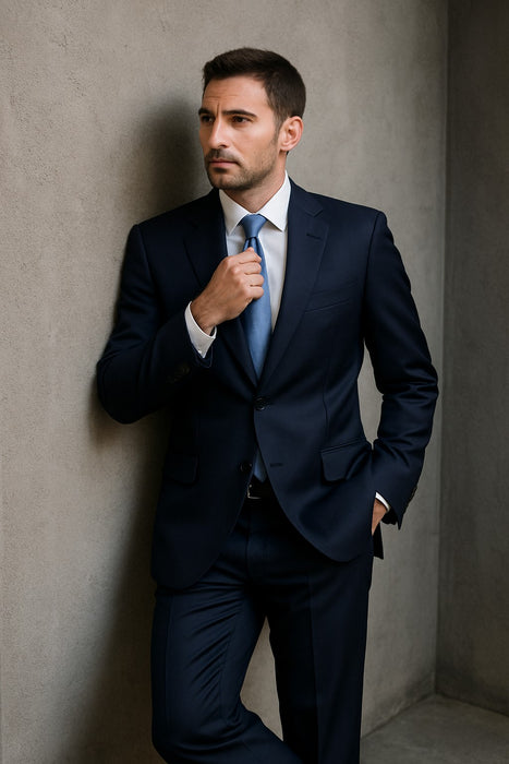 Mantoni Suit - Signature Menswear Wool Fabric SuitsOutlet - Brand Super 140s Brand Two Buttons Men's Jet Black Flat Front Suit Regular fit or Slim Fit- High End Suits - High Quality Suits - 100% Percent Wool Fabric Suit - Worsted Wool Business Suit