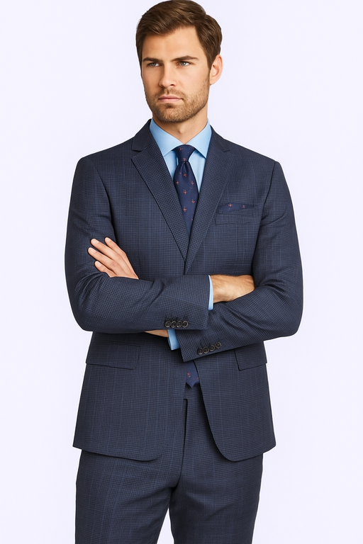 Mantoni Suit Brand Men’s Suit-Blue Gray Check- High End Suits - High Quality Suits