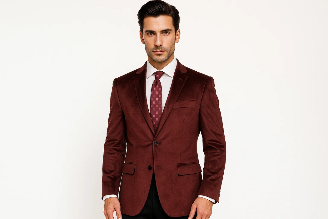 Cheap Priced Online Burgundy ~ Maroon Blazer - Sport Coat ~ Wine Color Luxurious Velvet Highlights Men'S Blazer