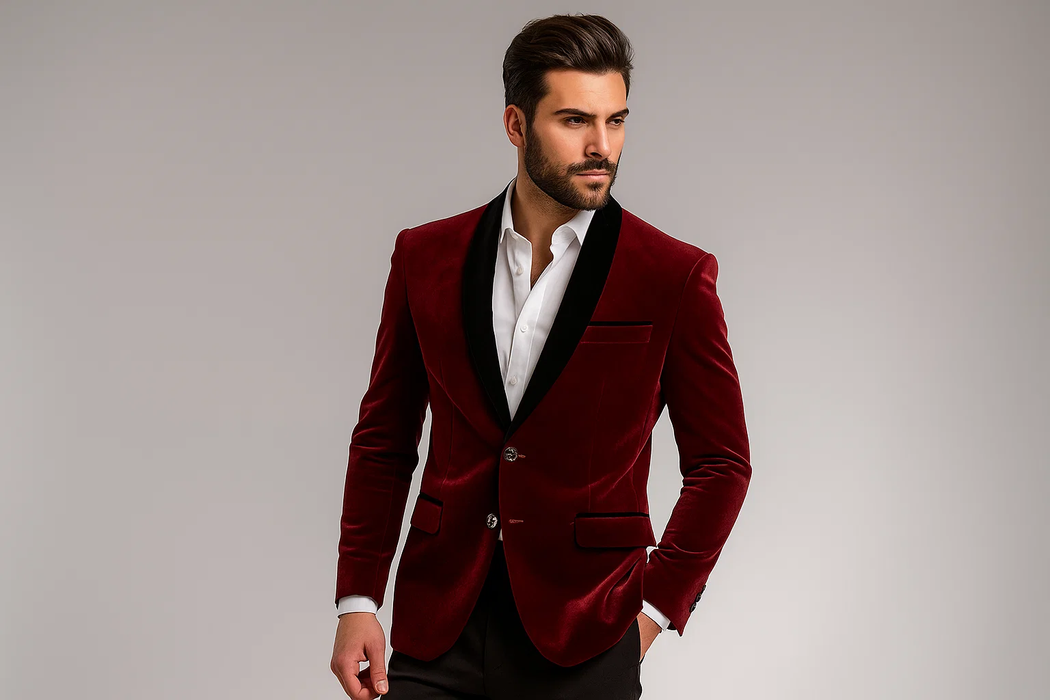 Men'S Slim Fit 2 Button Cheap Priced Designer Fashion Dress Casual Blazer For Men On Sale Burgundy ~ Wine ~ Maroon Suit And Black Shawl Lapel Blazer