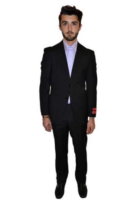 Mantoni Suit - Signature Menswear Wool Fabric SuitsOutlet - Brand Tapered Leg Lower rise Pants & Get skinny Two Piece Suit Modern Fit Suits Solid Black - High End Suits - High Quality Suits