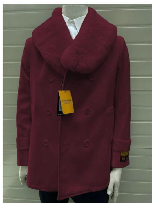 Men’s Burgundy Double-Breasted Overcoat with Faux Fur Shawl Collar – Alberto Nardoni Signature