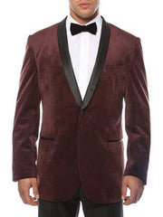 Men'S 1 Button Burgundy ~ Wine ~ Maroon Color Shawl Lapel Black Velvet Velour Men'S Blazer Jacket