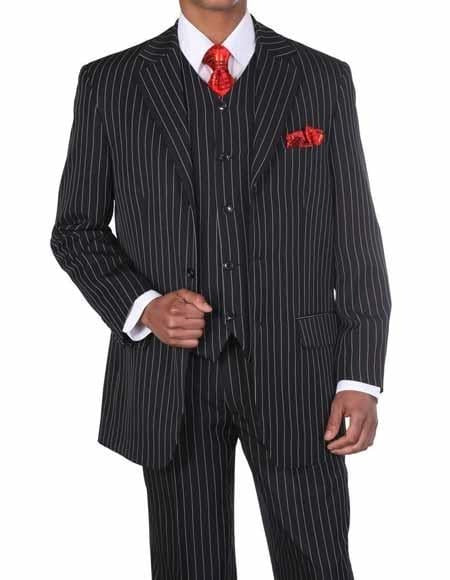 Men'S 1920'S 30'S Fashion Look Available In 2 Or Three ~ 3 Buttons Vested Pinstripe ~ Stripe 3 Piece Suits With Vest Bold Chalk Stripe Black/White