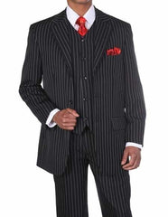 Men'S 1920'S 30'S Fashion Look Available In 2 Or Three ~ 3 Buttons Vested Pinstripe ~ Stripe 3 Piece Suits With Vest Bold Chalk Stripe Black/White