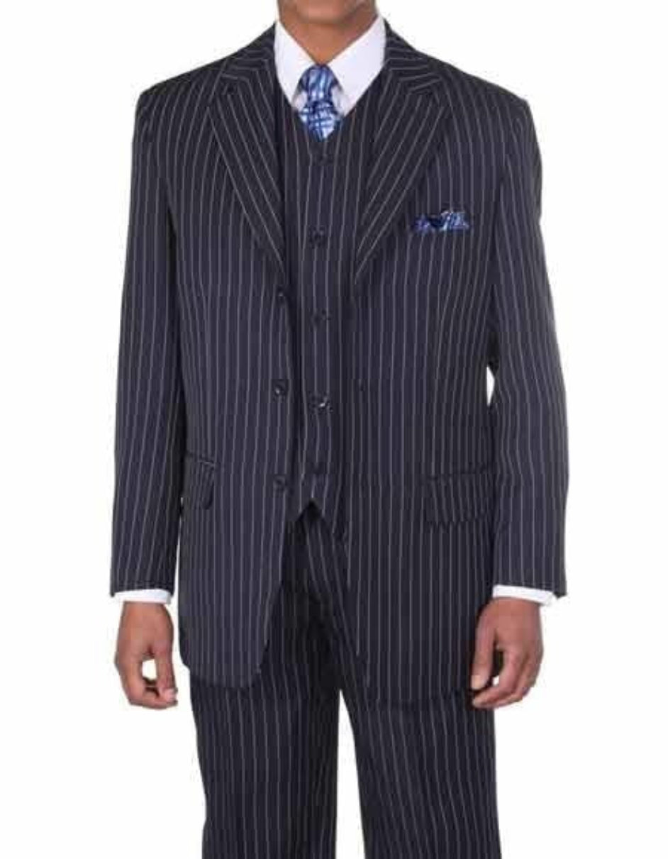 Men'S 1920'S 30'S Fashion Look Available In 2 Or Three ~ Single Breasted 3 Buttons Vested Dark Navy/White Pinstripe ~ Stripe With Vest Bold Chalk Stripe 3 Piece Suit