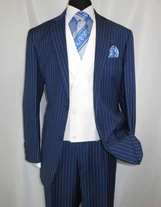 Men'S 2 Buttons Chalk Bold Stripe ~ Pinstripe Blue Shawl Collar 1920'S 30'S Fashion Vintage Pattern No Vest Included Suit