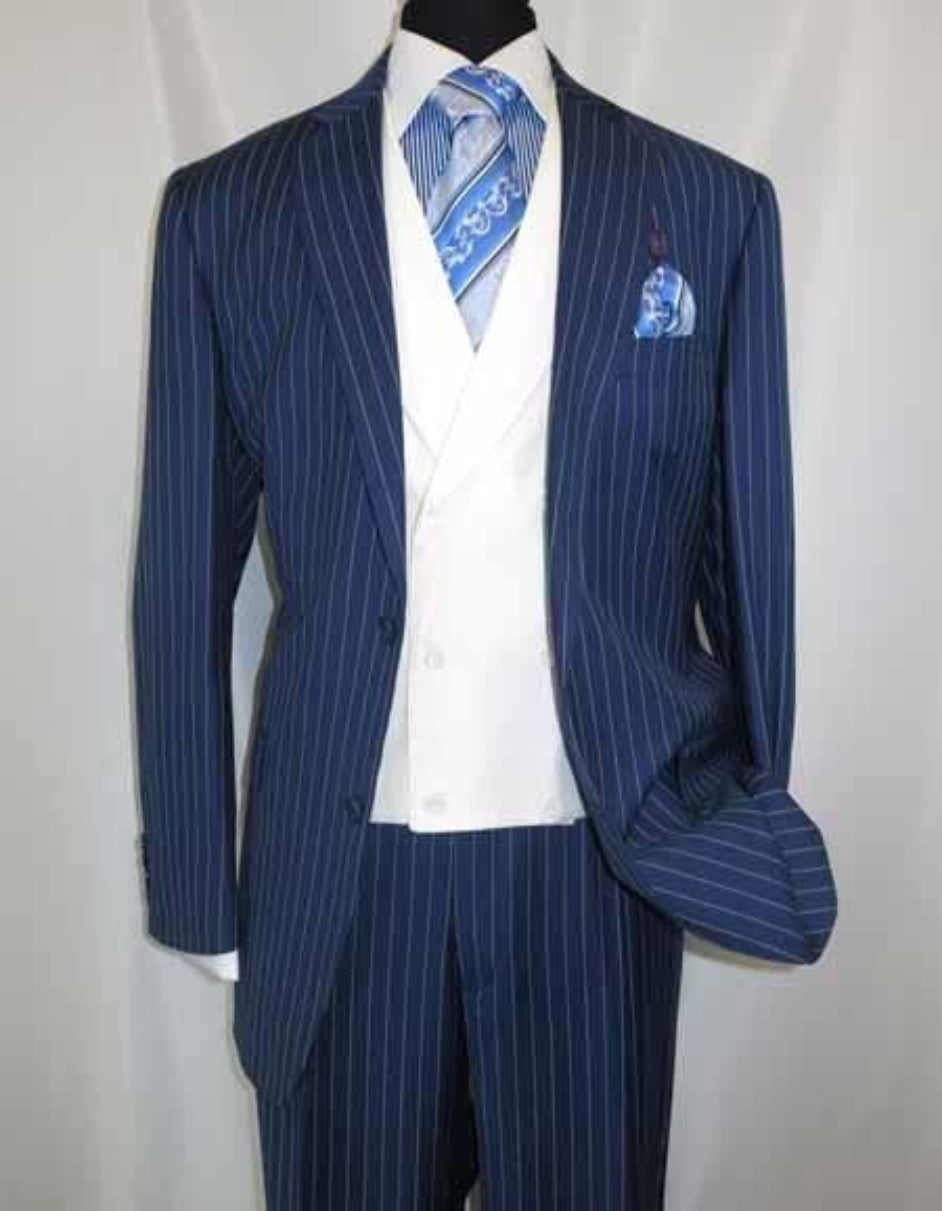 Men'S 2 Buttons Chalk Bold Stripe ~ Pinstripes Blue Shawl Collar 1920'S 30'S Fashion Vintage Pattern No Vest Included Suit
