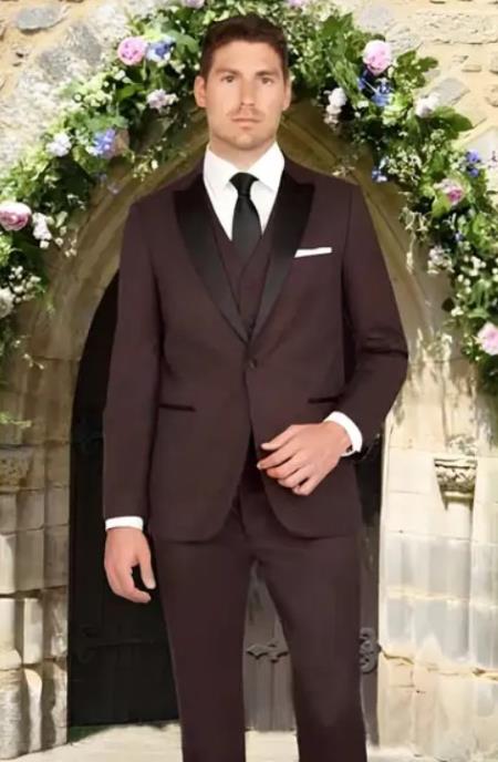 Men'S Black And Burgundy ~ Wine ~ Maroon Color Slim Fit 1 Button Satin Peak Lapel Mini Teakweave Vested Tuxedo Burgundy Tuxedo